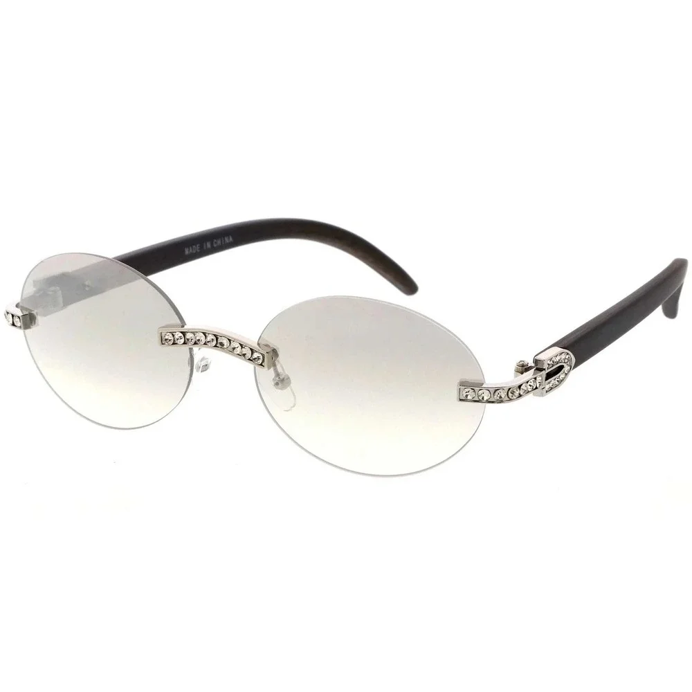 Rimless Sunglasses Rhinestone Silver Clear Lens Wood Grain Arm Men‎ Street Wear